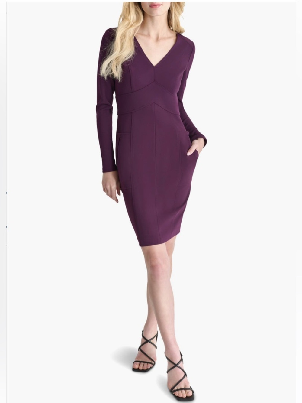 DKNY Size 4 Long Sleeve V-Neck Dress in Burgundy